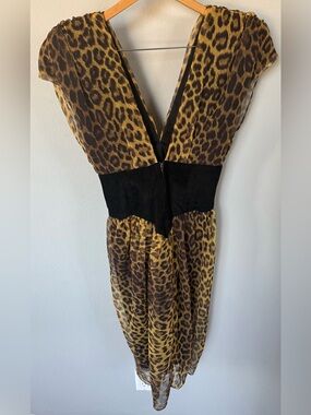 Vintage 80s Climax Karen Okada Leopard Chiffon & Suede Dress – Size 13/14